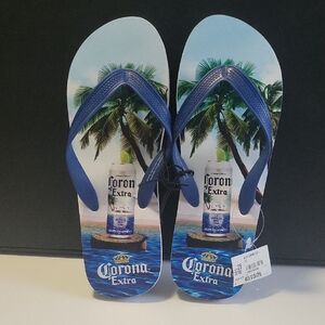 Corona Blue Tropical Palm Tree Flip Flops with Ocean Graphic. 3